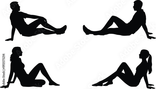 Cad drawing flat vector illustration of male and female silhouettes in various sitting and reclining poses for lifestyle design, relaxation, leisure, and human posture studies.