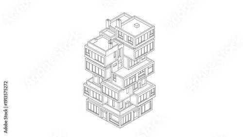 Isometric Architectural Drawing of Stacked Building Units with Minimalist Design