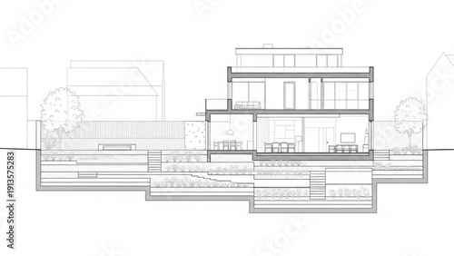 Comprehensive Architectural Section Illustrating a Modern Dwelling with Underground Spaces and Landscaping