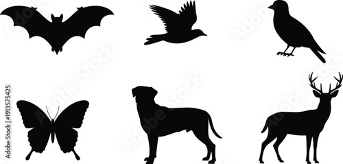 Cad drawing flat vector illustration of wildlife silhouette collection featuring bat, flying bird, sparrow, butterfly, dog, and deer for nature and animal conservation design.
