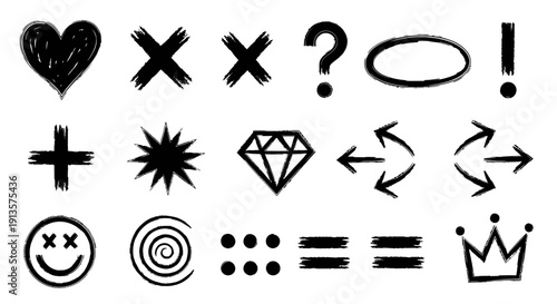 Grungy Hand-Drawn Vector Icon Set Featuring Smiles, Hearts, and Symbols