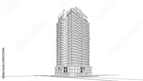 Detailed Outline Drawing of a Contemporary Skyscraper Modern Urban Architectural Design Concept