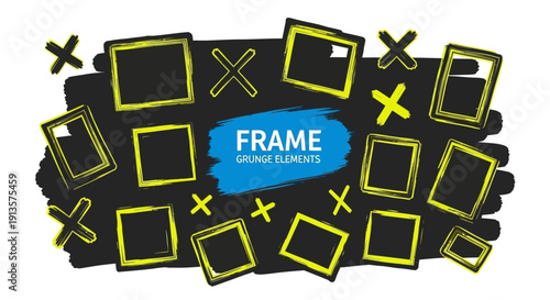Abstract Grunge Frame Elements with Brush Strokes and Cross Symbols on Black