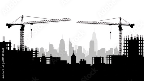 Silhouette of construction cranes against a city skyline at dusk