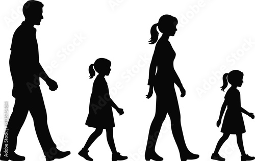 Cad drawing flat vector illustration of family silhouette set featuring father, mother, and two daughters walking together for parenting, childhood, and domestic lifestyle design projects.