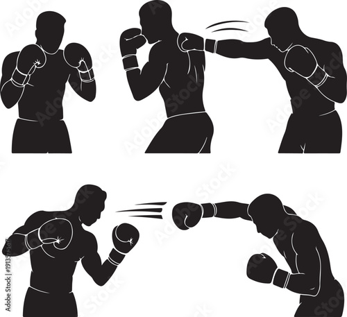 black silhouettes of people boxing with each other in various positions and movements
