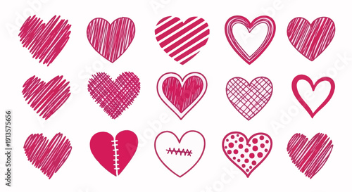 Collection of 15 Hand-Drawn Pink Hearts for Valentine's Day and Love Themes
