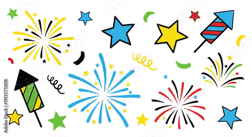 Festive Hand-Drawn Fireworks, Stars, and Confetti Elements for Celebration and Design