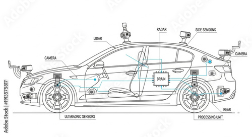 Detailed technical drawing of a modern cars internal components.