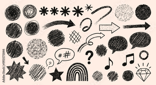 Collection of Hand Drawn Sketchy Vector Elements for Design - Arrows, Stars, Music Notes, Diamond