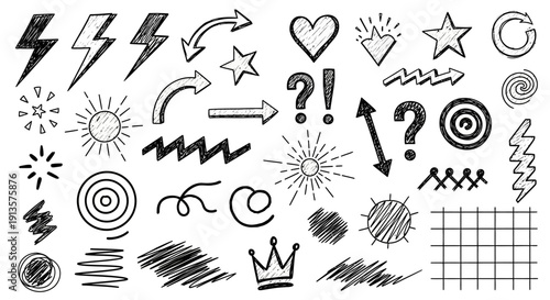 Diverse Hand Drawn Doodle Icons Collection: Arrows, Stars, Hearts, Sun, and More