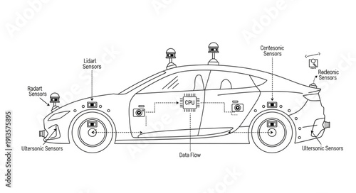 Diagram of a self-driving car with sensors and cameras labeled.