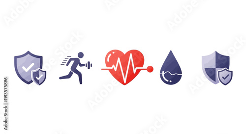 Health Monitoring Icon Set Featuring Running Heartbeat Blood Drop Medical Emergency Fitness Tracking Wellness Care Healthy Lifestyle Symbols Modern Healthcare Illustration
