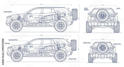 Detailed Blueprint of an Off-Road SUV Design.