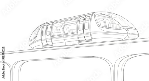 Modern high speed train on elevated tracks.