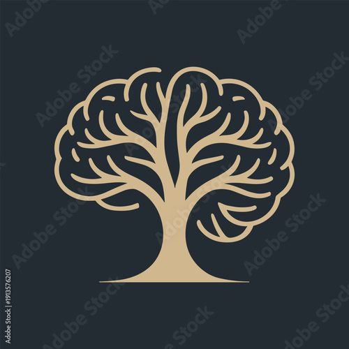 Golden tree logo with brain shaped leaves on dark background