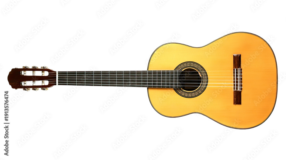 Fototapeta premium A classical acoustic wooden guitar with brown strings is a musical instrument object isolated on a white background for jazz or rock melody equipment