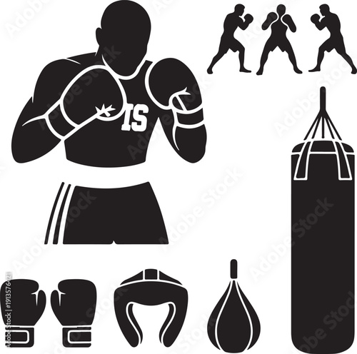 Boxing equipment and boxers in various fighting poses and stances