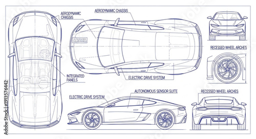 Detailed blueprint schematic of a modern sports car.