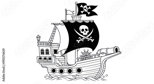 Black and White Pirate Ship with Jolly Roger Flag and Cannon