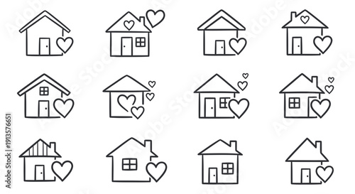 Hand-drawn house icons with heart symbols, representing home love, real estate, and family