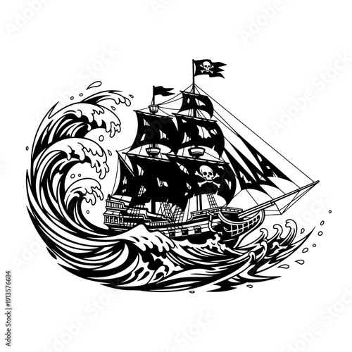 Pirate Ship Sailing Through Rough Seas with Waves and Jolly Roger Flag