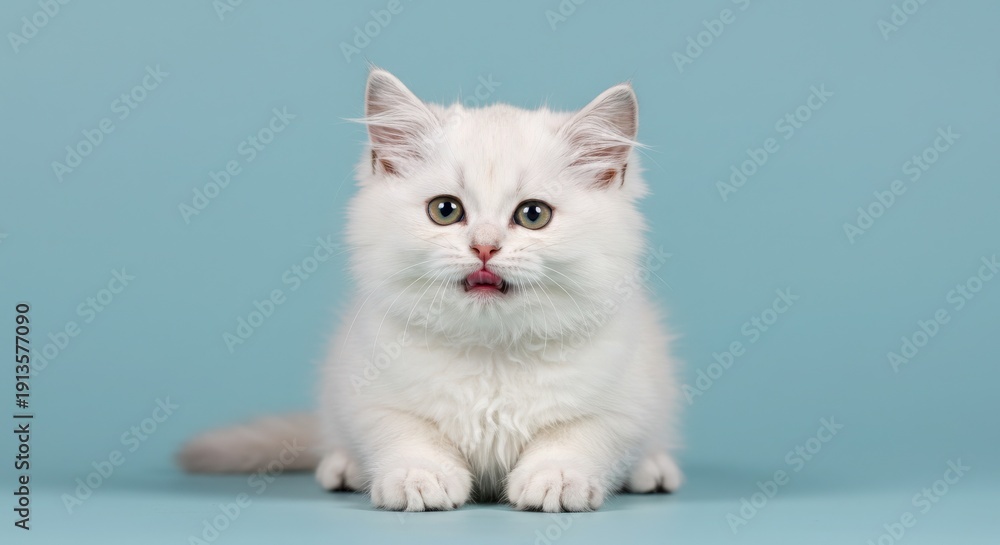 Obraz premium Adorable white kitten with tongue out on light blue background