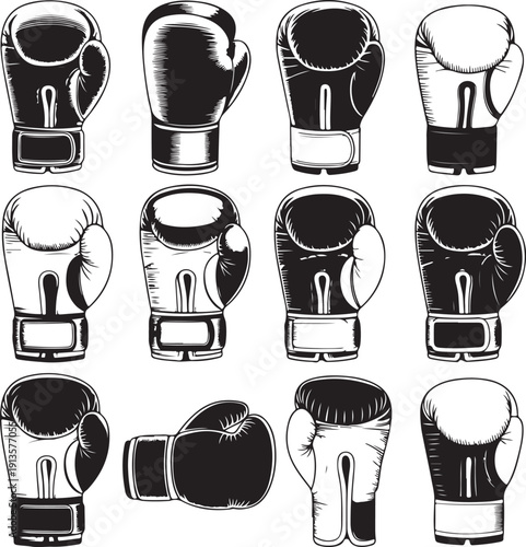 boxing gloves in various positions and styles are shown