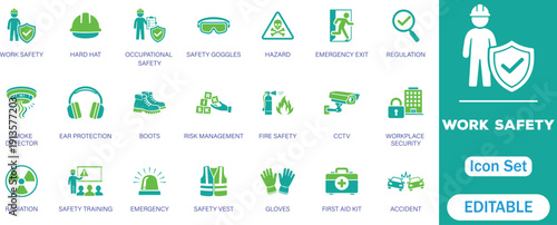 Work safety icon set. Containing hard hat, risk management, first aid kit, ear protection, workplace security, CCTV, regulation, safety training, hazard and more. Solid vector icons collection.