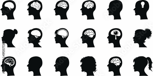 Silhouette heads displaying various brain imagery and lightbulbs
