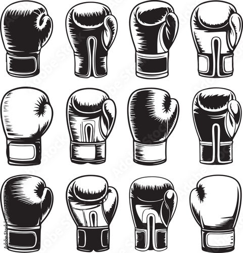 boxing gloves in various positions and styles for sports and fitness