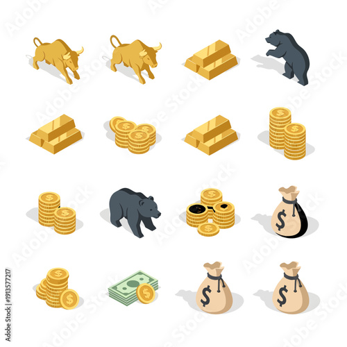 Isometric Investment and Stock Market Trading Icon Set. 16 Flat Vector Icons for Finance, Brokerage, and Wealth Management