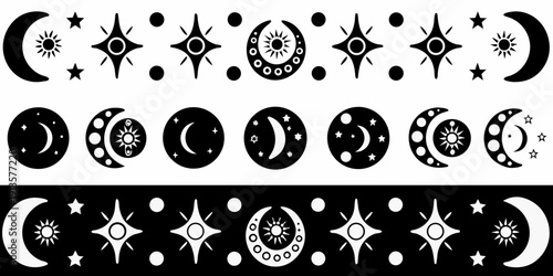 Black and white illustration depicting various phases of the moon and stars