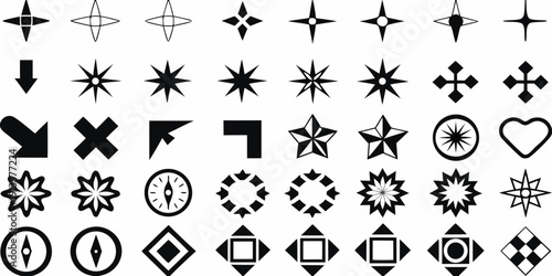 Collection of diverse black geometric symbols and abstract shapes on white