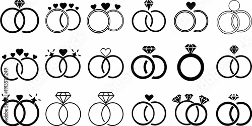 Collection of interlocking rings and diamond engagement ring illustrations