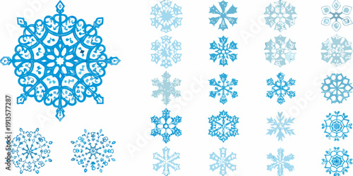 Collection of detailed light blue snowflake illustrations on a white background