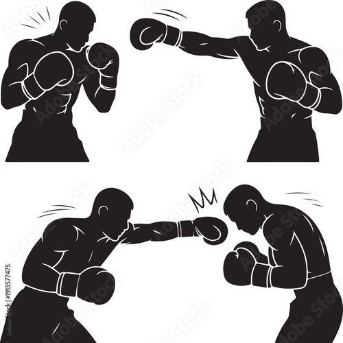Boxer silhouettes in various fighting poses and movements isolated on white background