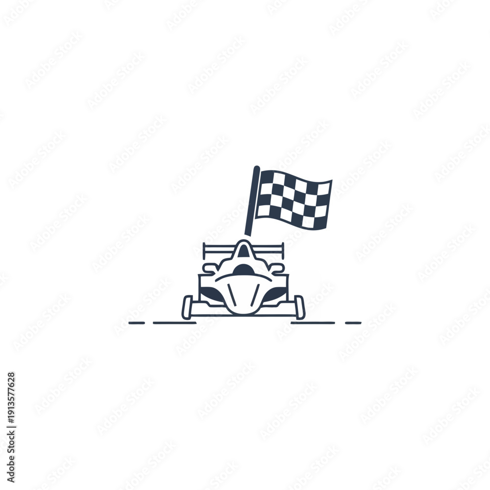 Obraz premium Professional front view outline of a formula race car with a checkered flag. Suitable for technical racing illustrations, app icons, and automotive engineering graphics.
