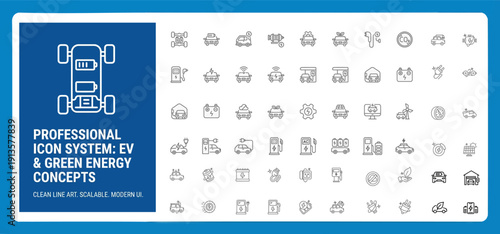 EV Charging and Electric Vehicle Energy Infrastructure Line Icons Set