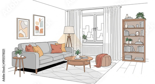 Cozy Living Room Interior Design Sketch with Sofa and Bookshelf.
