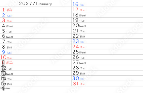 2027年シンプルカレンター　1月　曜日英語