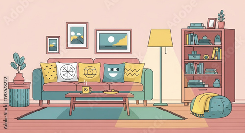 Cozy Living Room Scene with Sofa and Bookshelf.