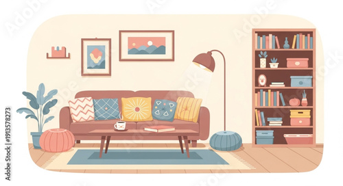 Cozy living room scene with sofa and bookshelf.