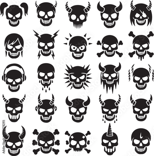 Collection of various angry skulls and crossbones icons