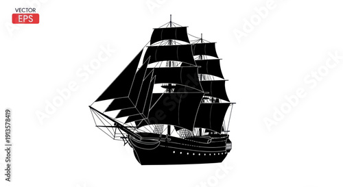 Silhouette of a vintage sailing ship with full sails against a white background