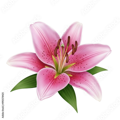A stunning pink lily flower with delicate petals and green leaves isolated on transparent background