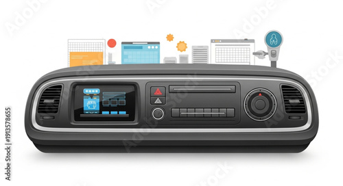 Modern car stereo system with digital display and connectivity icons.