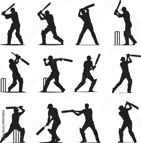 Cricket player silhouettes in various batting poses and stances