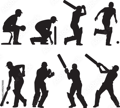 Cricket players in various poses with bats and balls