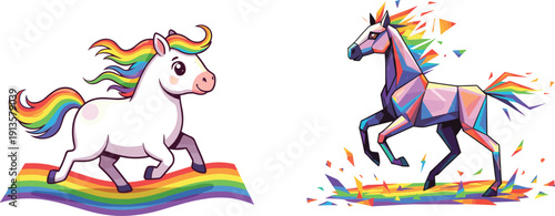Rainbow Unicorn Illustration, Cute Cartoon And Polygonal Fantasy Horse Design
